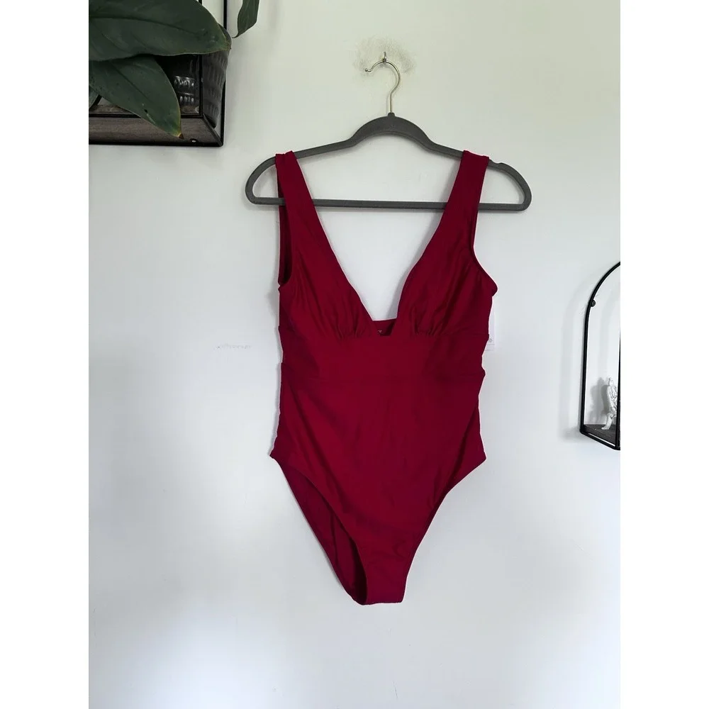 NWT Quince Cherry Red Italian Plunge One-Piece Swimsuit Size Large